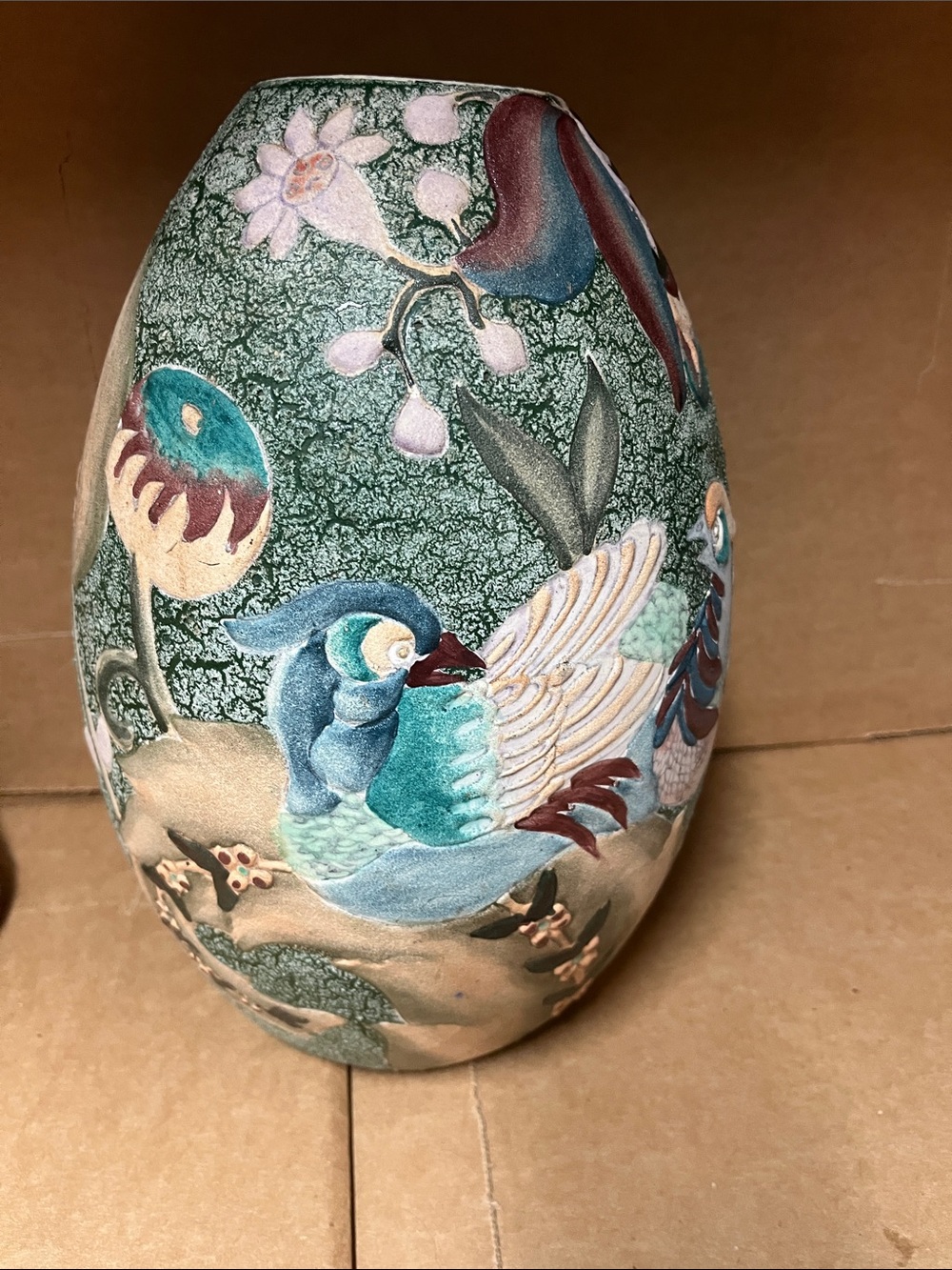 Hand-Painted Green Floral Bird Ceramic Vase